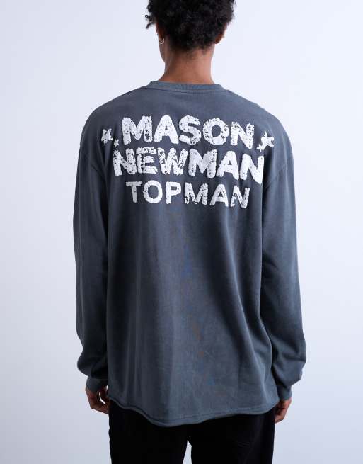 EXCLUSIVE Topman x Mason Newman oversized fit long sleeve T-shirt with cowboy boot front and back print in washed black