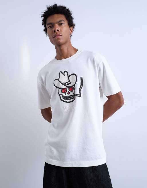 EXCLUSIVE Topman x Mason Newman oversized fit T-shirt with cowboy skull print in ecru