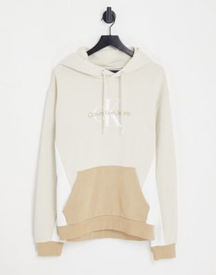 Calvin Klein Jeans blocking capsule cotton monogram hoodie in stone exclusive to ASOS - ASOS Price Checker