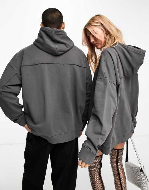 Exclusivité ASOS - Calvin Klein Jeans - Sweat à capuche unisexe oversize à surpiqûres - Gris, 3 de 4