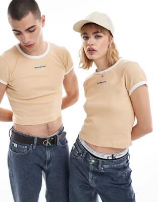 Exclusivité CerbeShops - calvin Eggshell Klein Jeans - T-shirt effet rétréci à bords contrastants - Beige