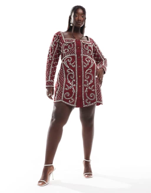 Exclusivité ASOS DESIGN Curve - Robe boutonnée courte et structurée ornée de perles - Bordeaux, 2 de 4