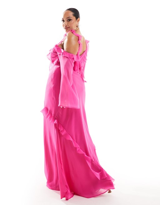 Exclusivite ASOS DESIGN Curve Robe longue a manches asymetriques et volants effet vieilli Rose ASOS