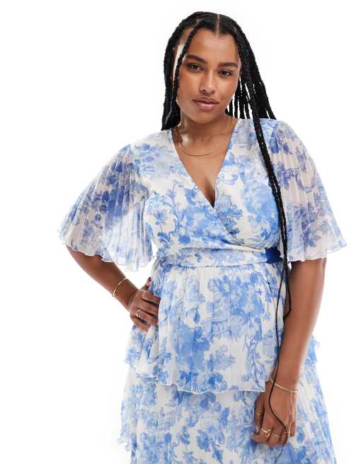 Exclusivité ASOS DESIGN Curve - Robe plissée longue à imprimé fleuri avec jupe volantée et manches kimono - Bleu, 3 de 4