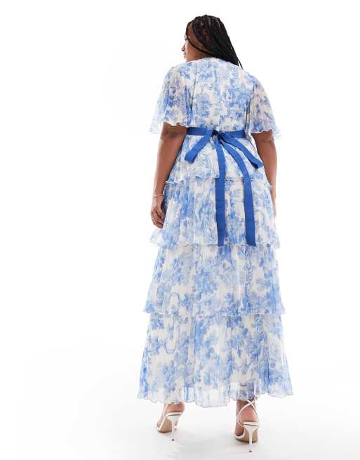 Exclusivité ASOS DESIGN Curve - Robe plissée longue à imprimé fleuri avec jupe volantée et manches kimono - Bleu, 4 de 4
