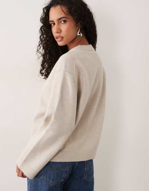 Exclusivité ASOS - Gina Tricot - Pull ras de cou en maille à manches ample - Beige clair chiné, 4 de 4