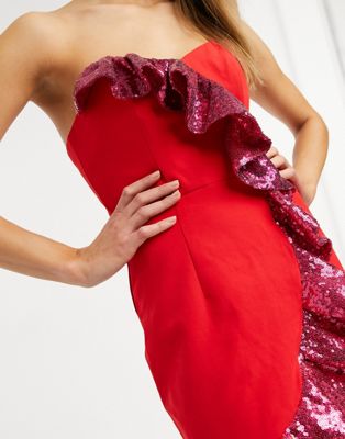 Robes du soir Exclusivité  - Lusso the Label - Robe mi-longue à volants ornés de sequins - Rouge et rose