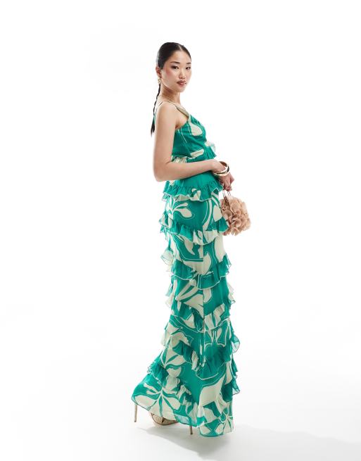 Exclusivité ASOS - Pretty Lavish - Piper - Robe longue volantée à fleurs - Vert jade 