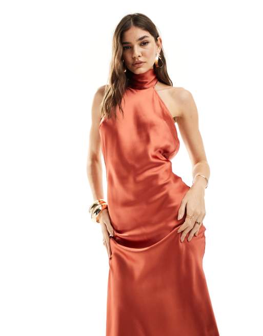 Exclusivite ASOS Pretty Lavish Raleigh Robe satinee longueur mollet a dos benitier Terracotta