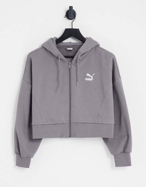 Exclusivité ASOS - PUMA - Sweat à capuche court coupe carrée à fermeture éclair - Gris tempête