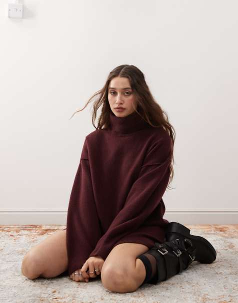 Exclusivité ASOS - Weekday - Annie - Robe pull courte en maille de laine mélangée à col roulé - Bordeaux chiné - view 1