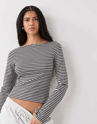 Exclusivité ASOS - - Annie - Top doux rayé à manches longues et encolure bateau - Gris foncé et gris clair XS