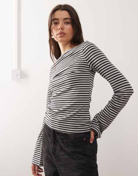 Exclusivité ASOS - Weekday - Annie - Top ultra doux à manches longues et encolure bateau - Rayures noires et grises - view 1