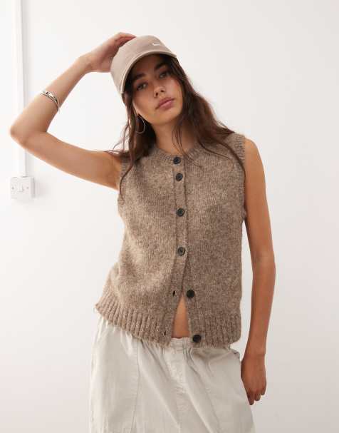 Exclusivité ASOS - Weekday - Débardeur en maille à col montant en V - Beige chiné - view 1