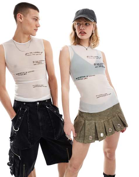 Exclusivité ASOS - Weekday - Klara - Top unisexe en tulle transparent avec imprimé textes - Blanc cassé - view 1