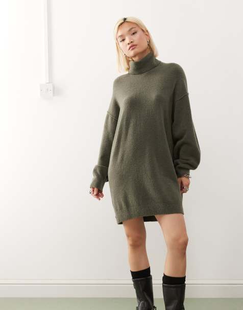 Exclusivité ASOS - Weekday - Robe pull courte en maille avec col montant - Kaki chiné - view 1