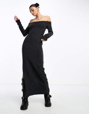 Weekday wool blend off shoulder midaxi knitted jumper dress in off-black melange exclusive to ASOS - ASOS Price Checker