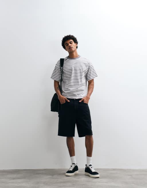 Exclusivité ASOS - Weekday - T-shirt oversize coupe carrée à rayures - Gris et blanc cassé, 3 de 5
