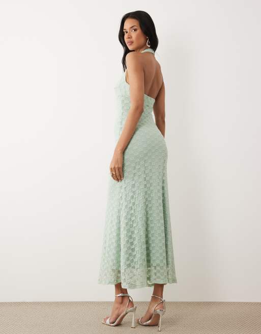 Exclusivité - Bardot - Mariko - Robe longue en dentelle à dos nu et broderies fleuries - Vert sauge, 4 de 4