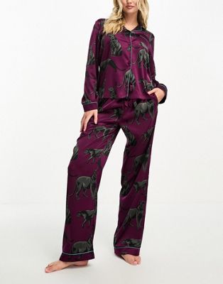 Chelsea Peers Exclusive satin panther print button top and trouser pyjama set in plum - ASOS Price Checker