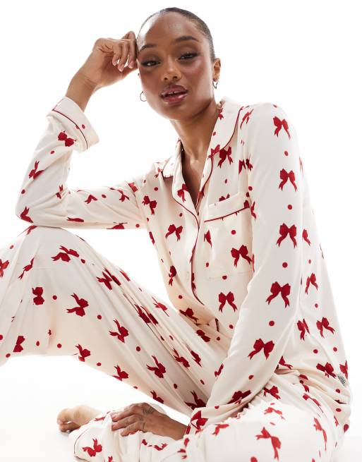 Exclusivité - Chelsea Peers Tall - Pyjama en polyester à imprimé nœuds - Crème, 3 de 4