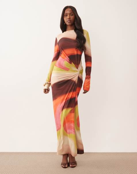 Exclusivité - Daska - Robe longue à imprimé abstrait avec manches longues et col montant effet torsadé - Multicolore - view 1