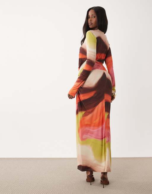 Exclusivité - Daska - Robe longue à imprimé abstrait avec manches longues et col montant effet torsadé - Multicolore, 10 de 12