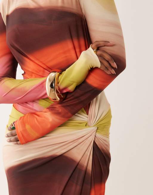 Exclusivité - Daska - Robe longue à imprimé abstrait avec manches longues et col montant effet torsadé - Multicolore, 11 de 12