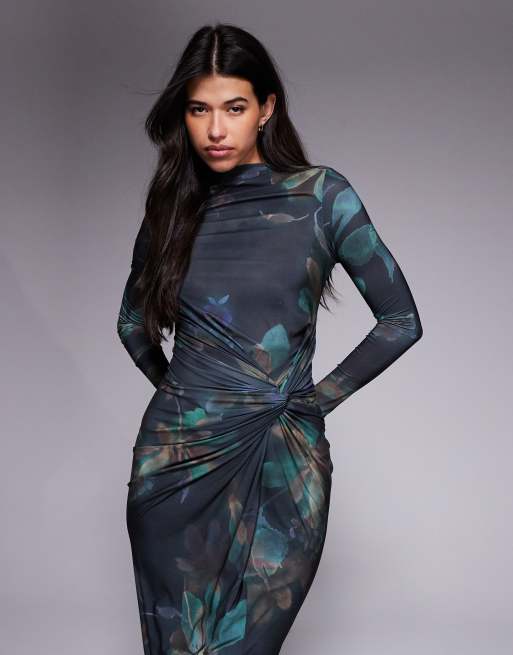 Exclusivité - Daska - Robe longue à imprimé fleuri et col montant - Vert foncé, 4 de 4