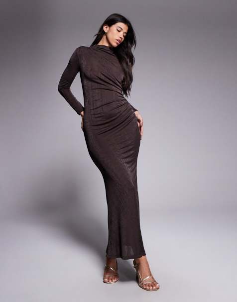 Exclusivité - Daska - Robe longue en jersey avec détail drapé - Marron chocolat - view 1