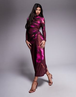 Exclusivité - - Robe longue imprimé fleuri à col montant - Violet-Multicolore 32-34