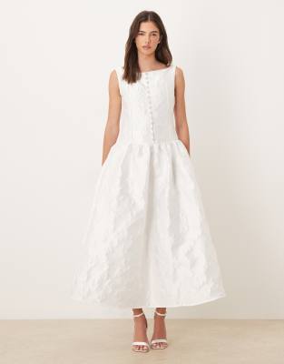 Exclusivité - Dream Sister Jane - Robe de mariée longue en jacquard à encolure bateau et boutons nacrés - Ivoire-Blanc XS