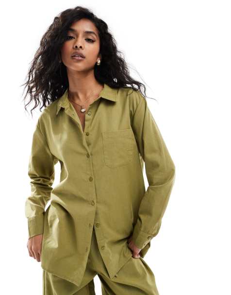 Exclusivité - Esmée - Chemise de plage d'ensemble en tissu texturé avec manches longues - Vert olive - view 1