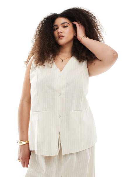 Exclusivité - Esmée Curve - Gilet d'ensemble de tailleur à rayures - Beige et blanc - view 1