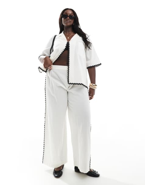 Exclusivité - Esmée Curve - Pantalon de plage d'ensemble avec finitions ric-rac - Blanc - view 1