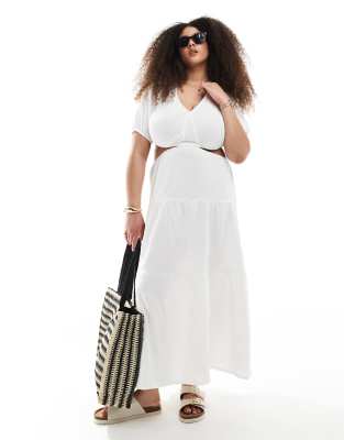 Exclusivité - Esmée Curve - Robe de plage longue à volants étagés et découpe - Blanc