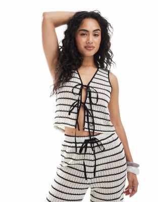 Exclusivité - - Gilet de tailleur en maille à rayures noué devant - Noir et blanc-Multicolore 38