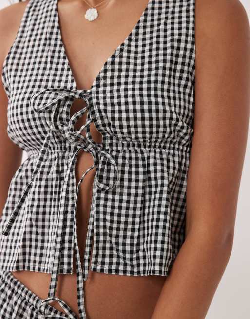 Exclusivité - Esmée - Gilet d'ensemble de tailleur de plage à carreaux vichy et noué devant - Noir et blanc, 2 de 4