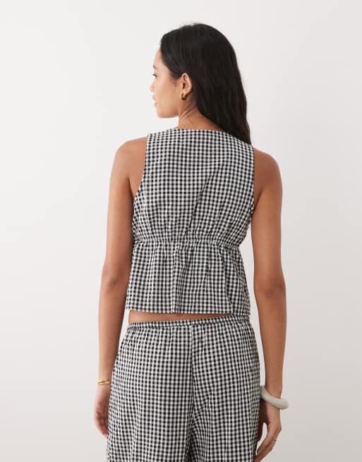 Exclusivité - Esmée - Gilet d'ensemble de tailleur de plage à carreaux vichy et noué devant - Noir et blanc, 4 de 4