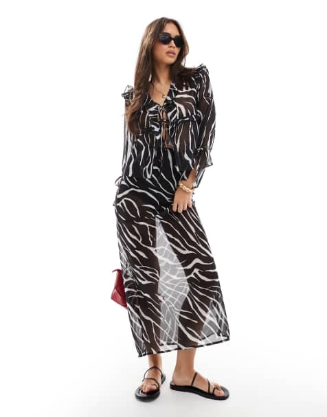 Exclusivité - Esmée - Jupe de plage transparente avec liens noués devant - Zébrures - view 1