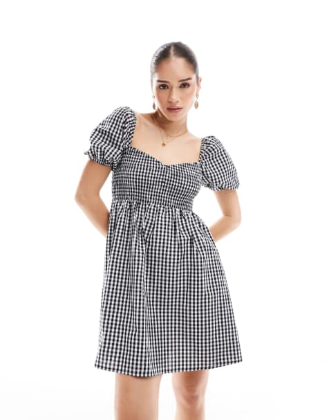 Exclusivité - Esmée - Robe courte de plage à manches bouffantes - Noir et blanc à carreaux vichy - view 1