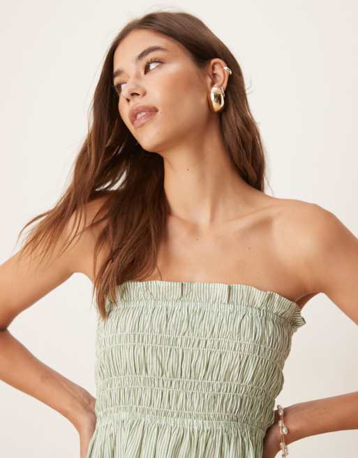 Exclusivité - Esmée - Robe de plage courte et rayée avec encolure bandeau et détail froncé - Vert, 3 de 4