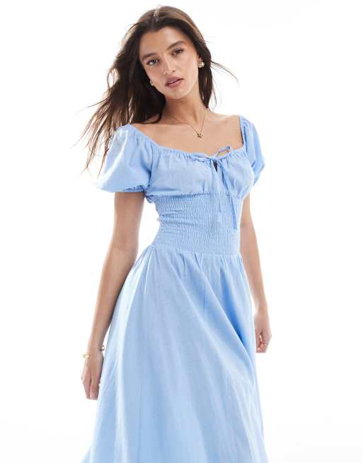 Exclusivité - Esmée - Robe de plage longue avec manches bouffantes et liens noués à l'avant - Bleu, 4 de 4