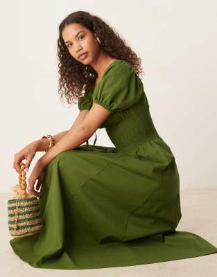 Exclusivité - Esmée - Robe de plage longue avec manches bouffantes et liens noués à l'avant - Olive-Vert