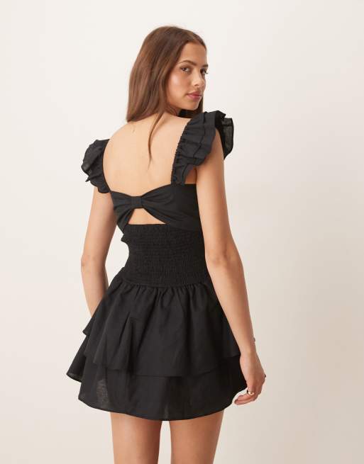 Exclusivité - Esmée - Robe froncée de plage à bretelles volantées et détail nœud - Noir, 2 de 4
