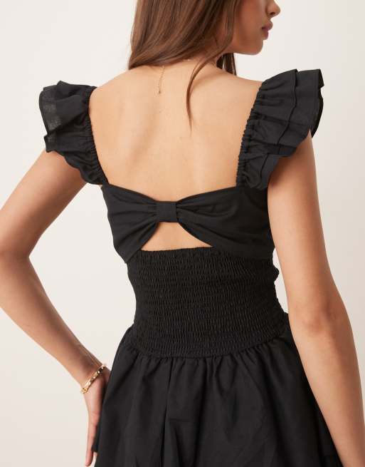 Exclusivité - Esmée - Robe froncée de plage à bretelles volantées et détail nœud - Noir, 4 de 4