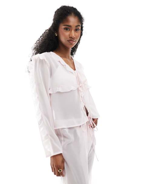 Exclusivité - Esmée - Top de plage transparent avec liens noués à l'avant et bordures volantées - Rose - view 1