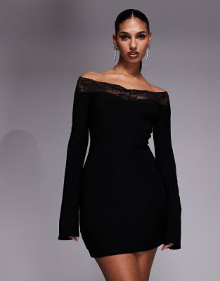 Exclusivité - - Robe courte près du corps à manches évasées avec encolure Bardot et bordure en dentelle - Noir 38