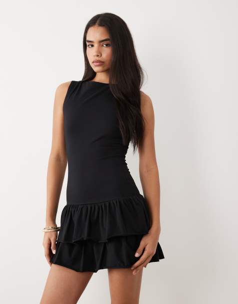 Exclusivité - Fashionkilla - Robe courte sans manches en coton majoritaire à taille basse et ourlet volanté - Noir - view 1
