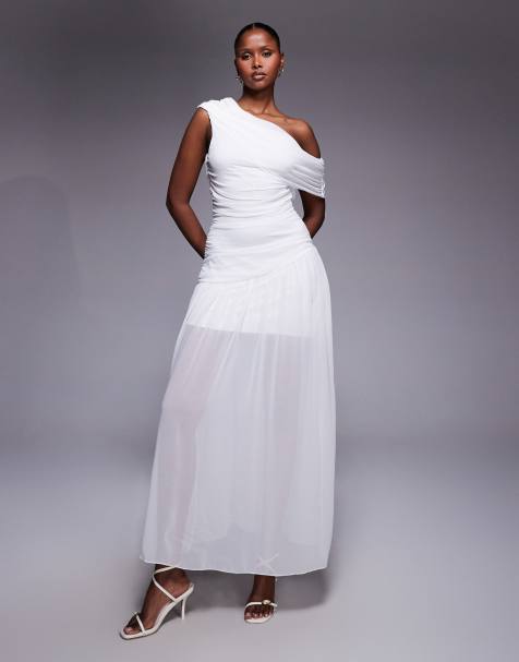 Exclusivité - Fashionkilla - Robe longue et froncée en mousseline avec ourlet transparent asymétrique et épaules dénudées - Blanc - view 1